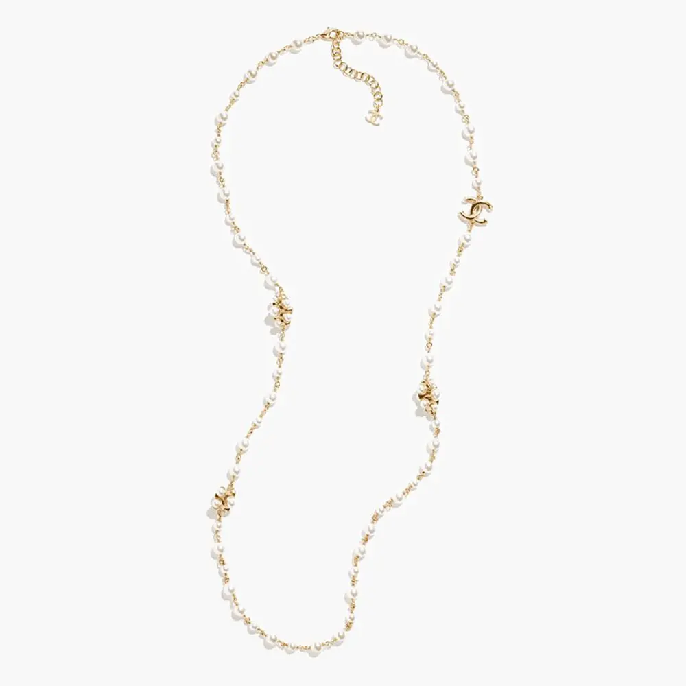 Chanel Women Long Necklace Metal & Glass Pearls Gold & Pearly White ABH230