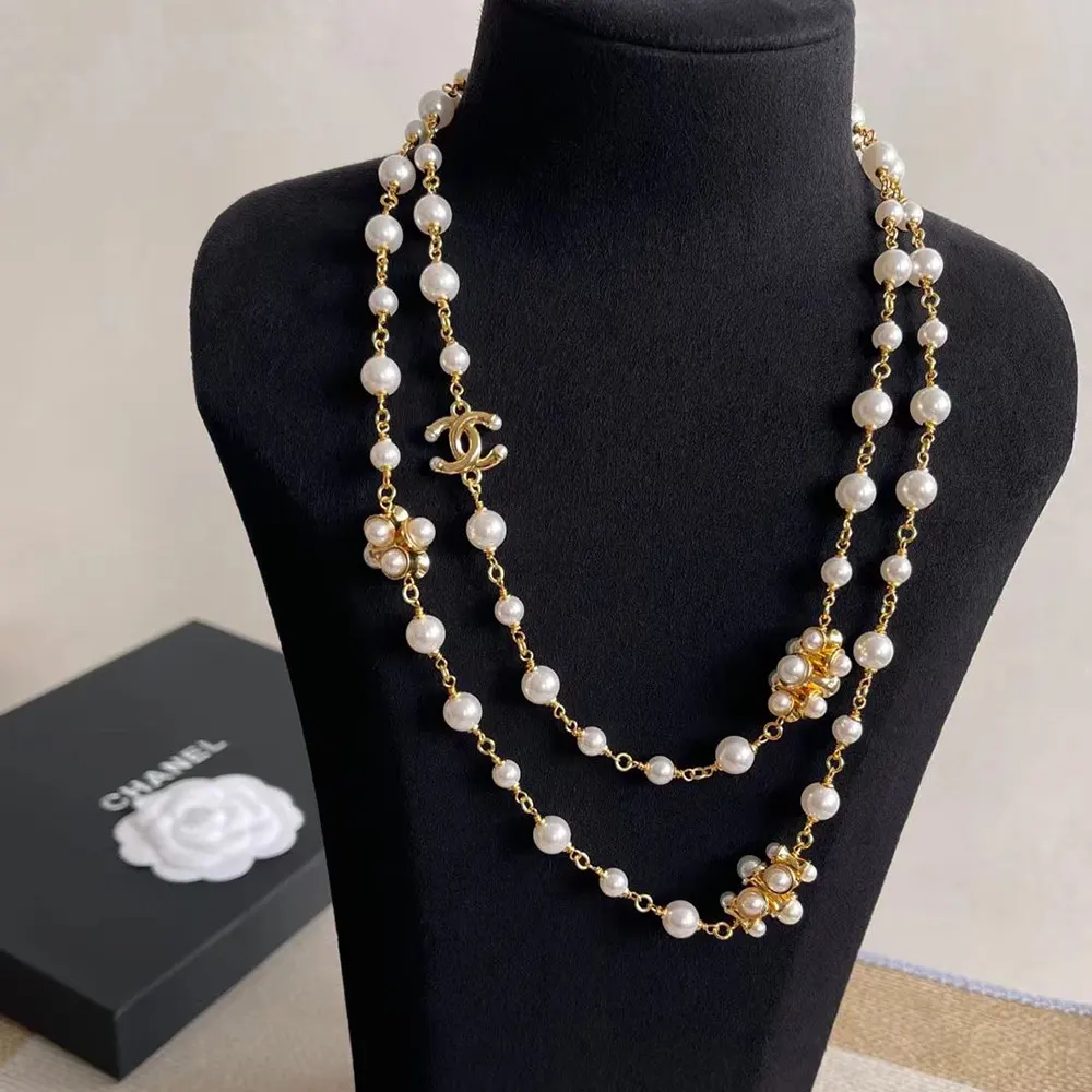 Chanel Women Long Necklace Metal & Glass Pearls Gold & Pearly White ABH230