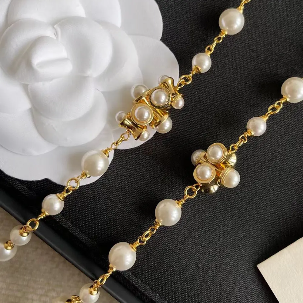 Chanel Women Long Necklace Metal & Glass Pearls Gold & Pearly White ABH230