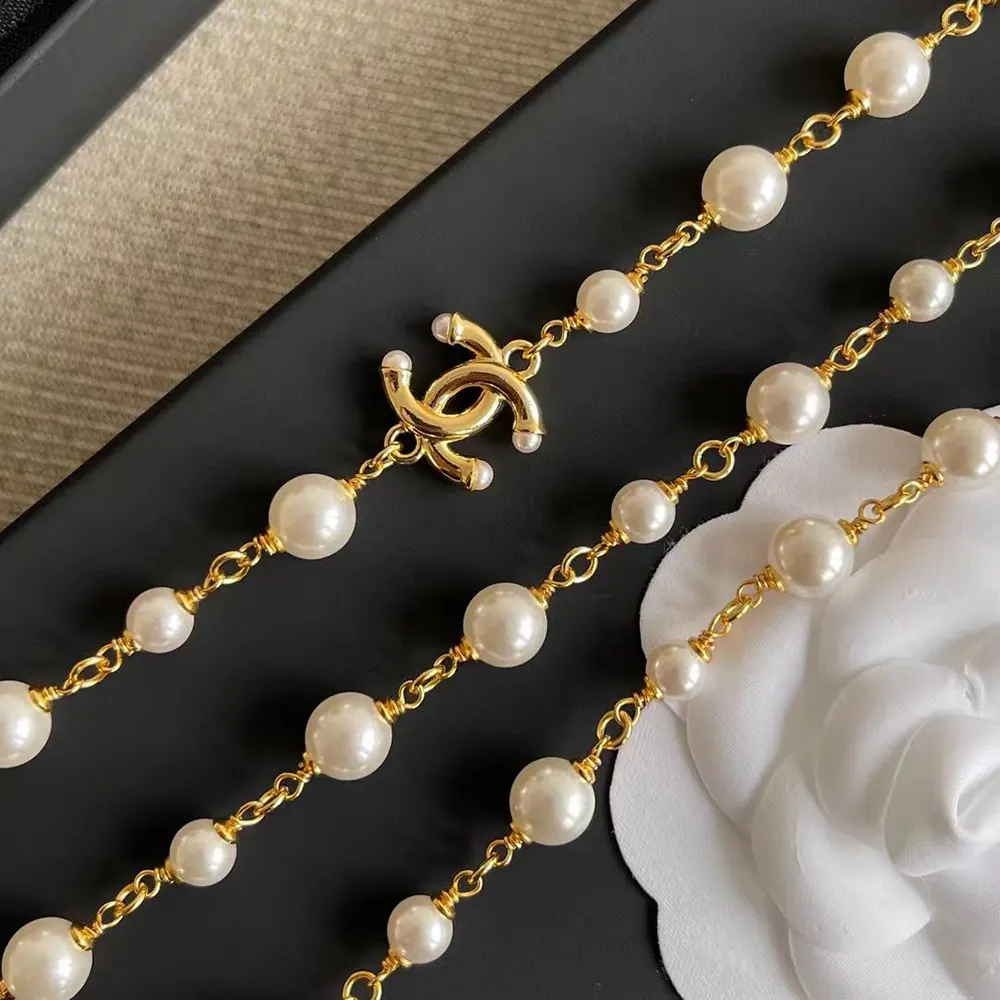 Chanel Women Long Necklace Metal & Glass Pearls Gold & Pearly White ABH230