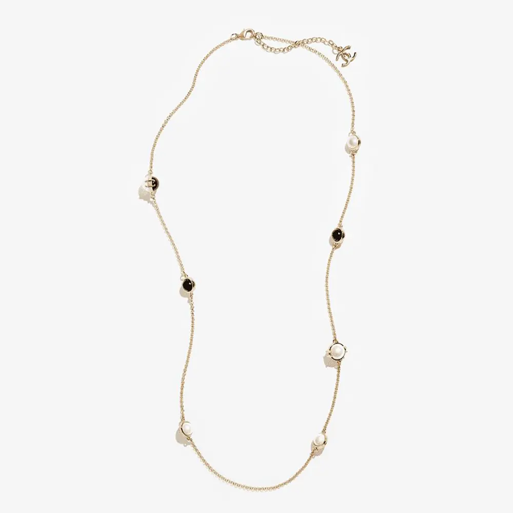 Chanel Women Long Necklace Metal & Resin Gold Black & Pearly White ABH162