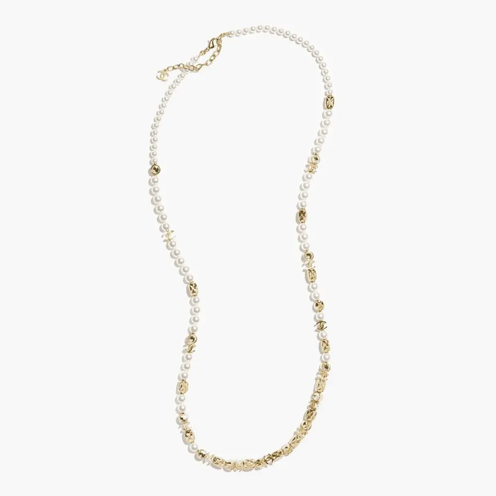 Chanel Women Metal Glass Pearls & Strass Gold Pearly White & Crystal ABH257