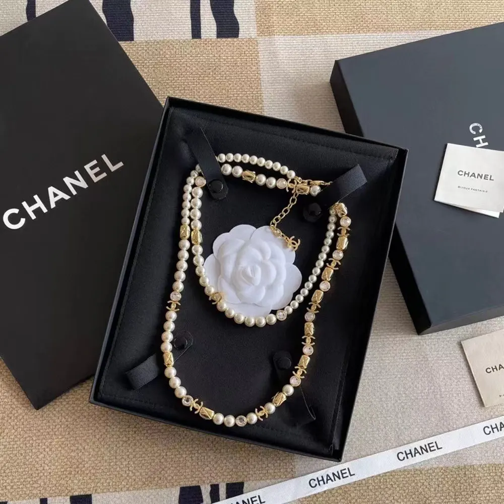 Chanel Women Metal Glass Pearls & Strass Gold Pearly White & Crystal ABH257
