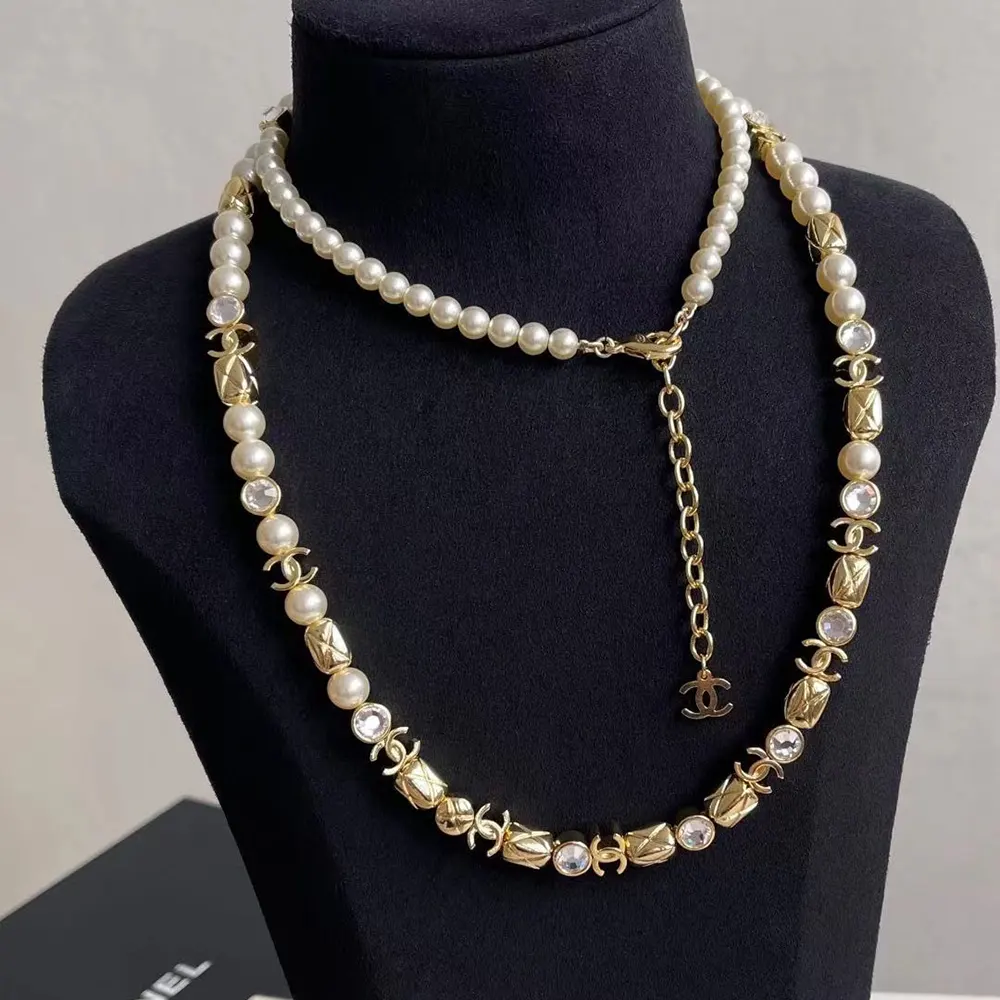 Chanel Women Metal Glass Pearls & Strass Gold Pearly White & Crystal ABH257
