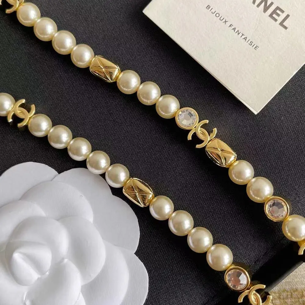 Chanel Women Metal Glass Pearls & Strass Gold Pearly White & Crystal ABH257