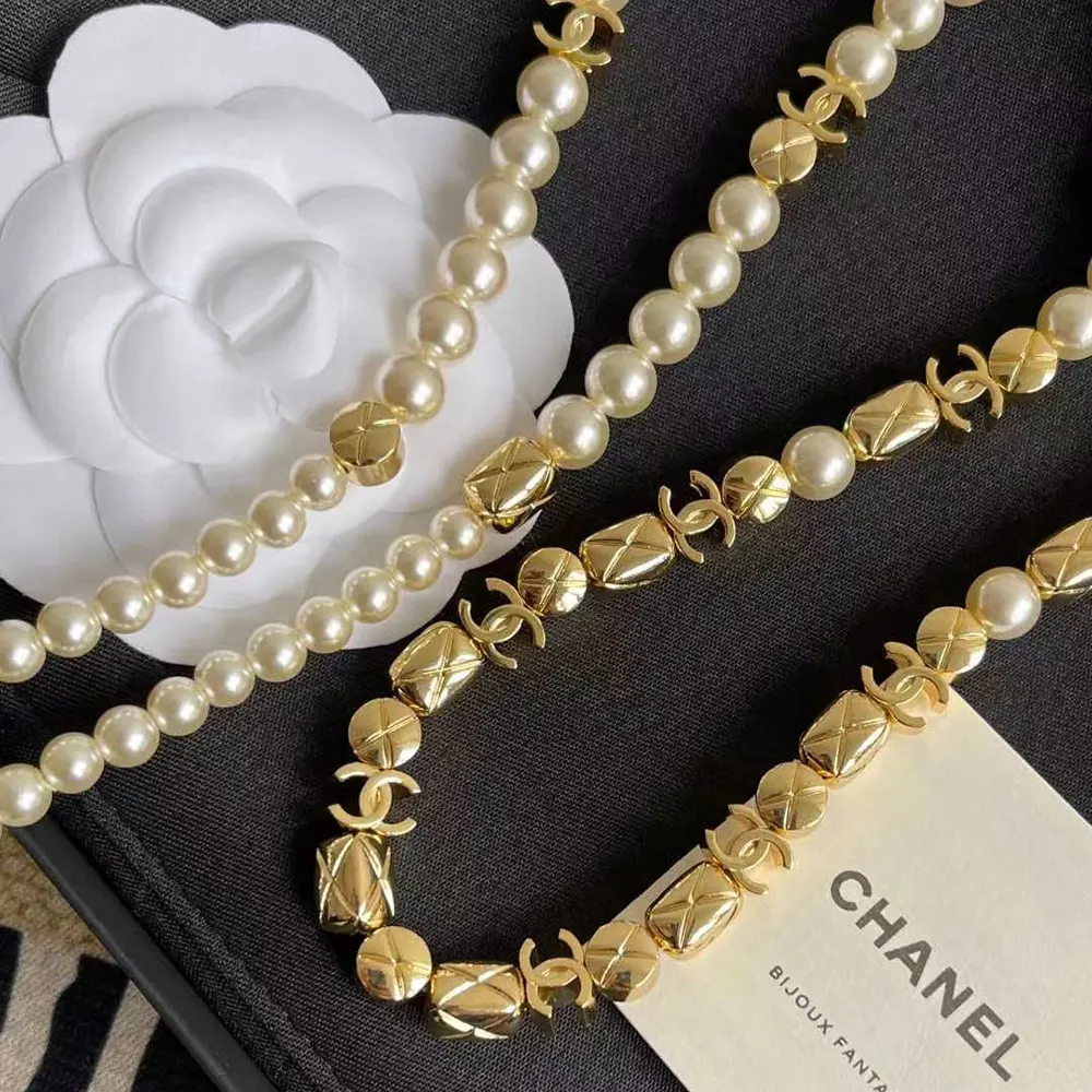 Chanel Women Metal Glass Pearls & Strass Gold Pearly White & Crystal ABH257