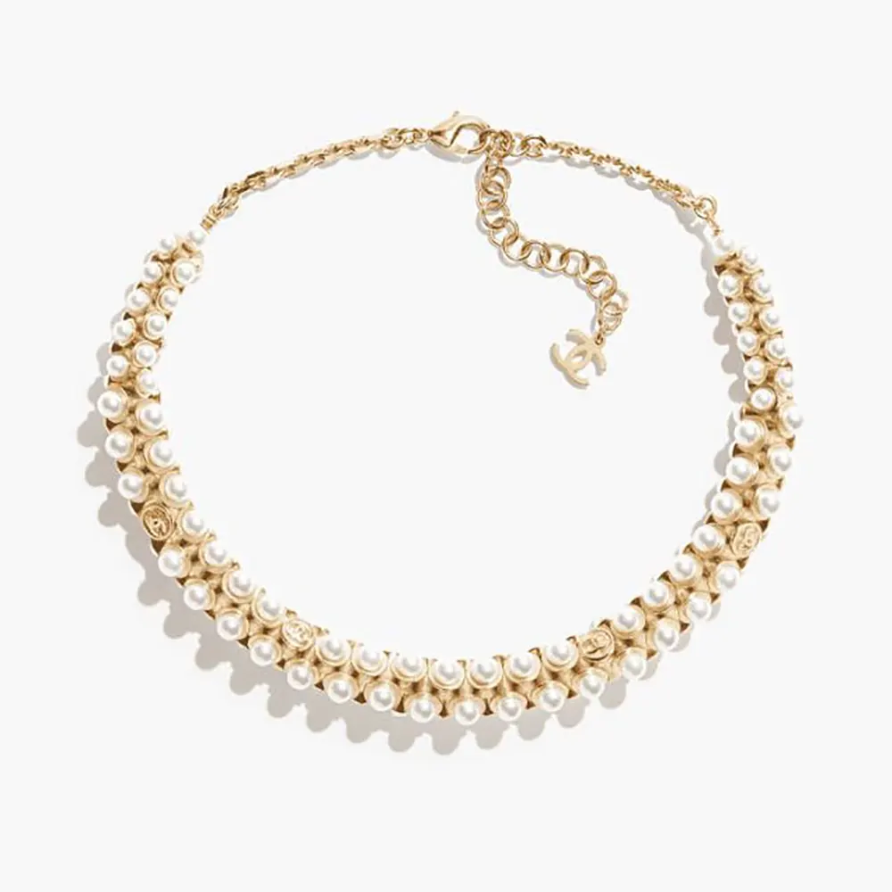 Chanel Women Necklace Metal & Glass Pearls Gold & Pearly White ABH232