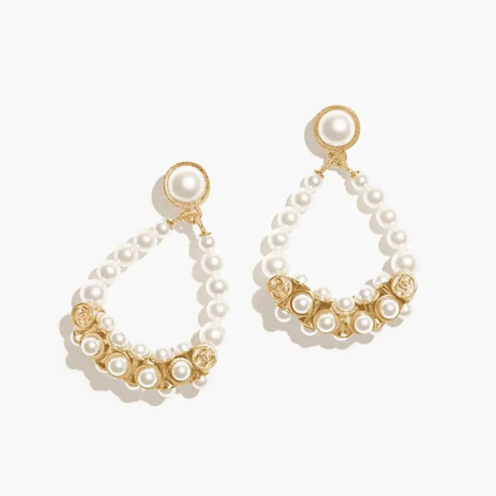 Chanel Women Pendant Earrings Metal & Glass Pearls Gold & Pearly White ABH234