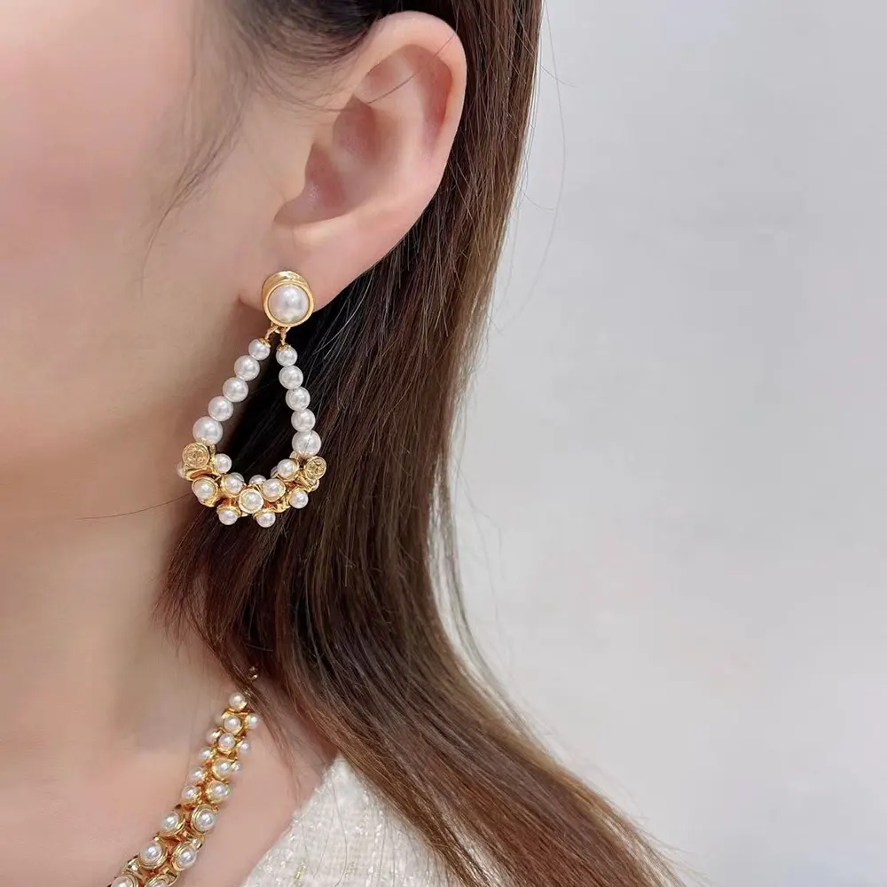 Chanel Women Pendant Earrings Metal & Glass Pearls Gold & Pearly White ABH234