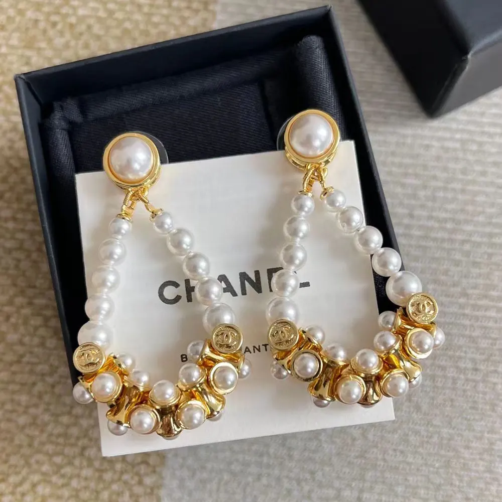 Chanel Women Pendant Earrings Metal & Glass Pearls Gold & Pearly White ABH234