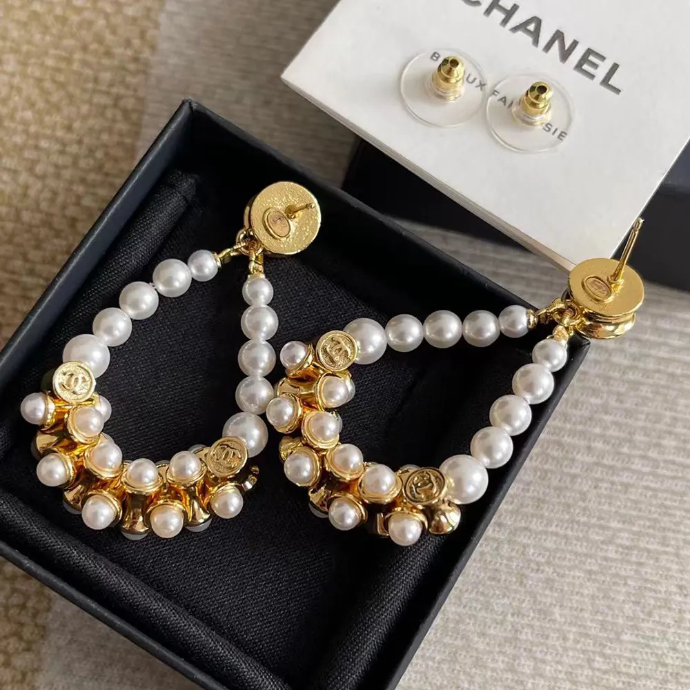 Chanel Women Pendant Earrings Metal & Glass Pearls Gold & Pearly White ABH234
