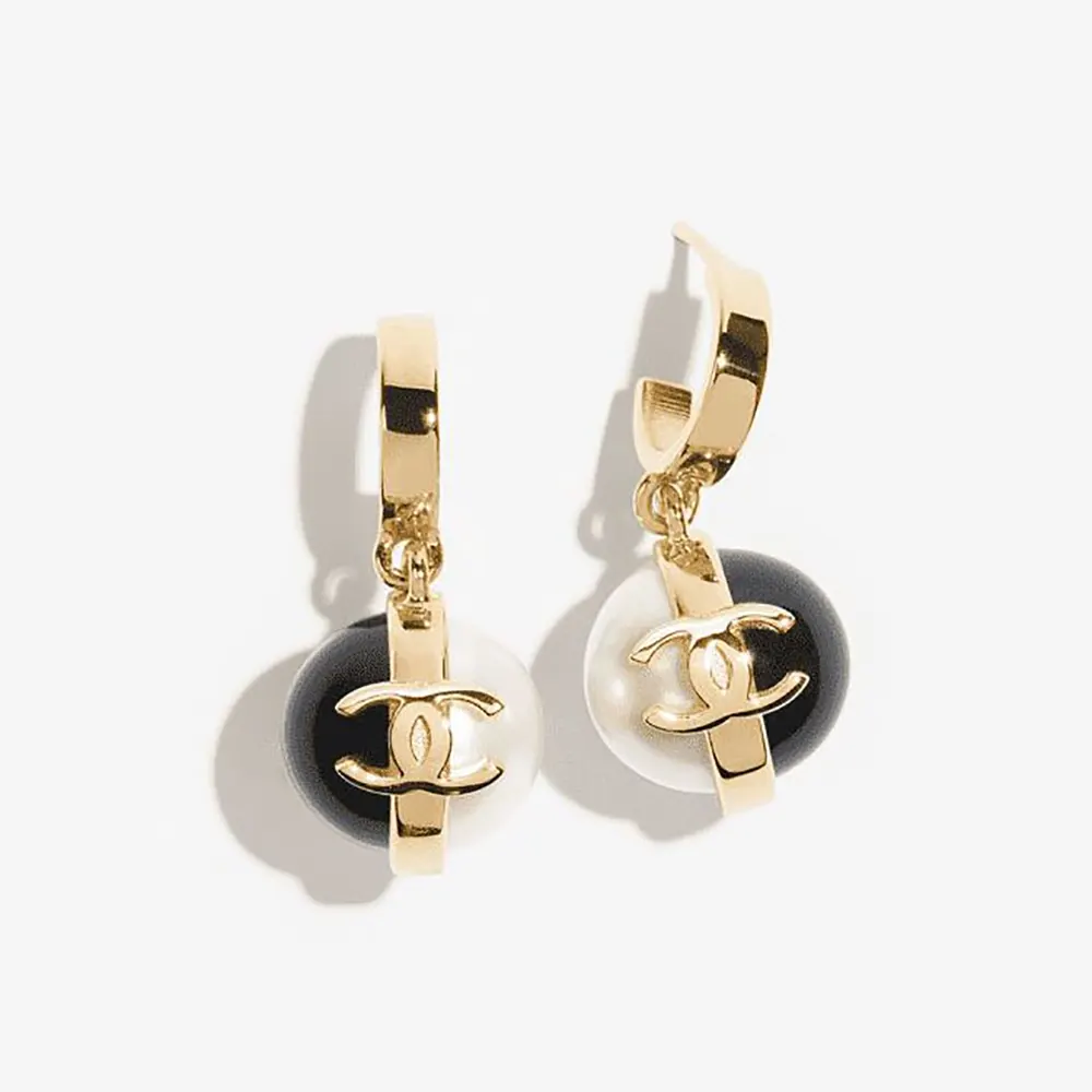 Chanel Women Pendant Earrings Metal & Resin Gold Black & Pearly White