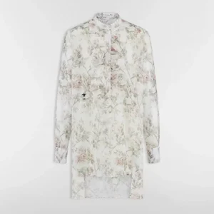 Dior Women Blouse White Cotton Muslin with Multicolor Rosier de Dior Motif