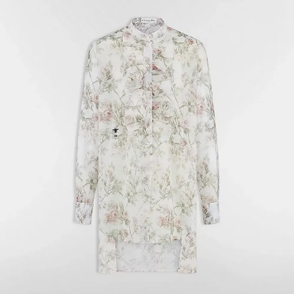 Dior Women Blouse White Cotton Muslin with Multicolor Rosier de Dior Motif