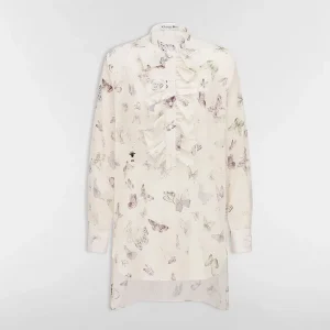 Dior Women Blouse with Ruffled Neckline Beige Cotton Muslin with Multicolor Butterfly Motif