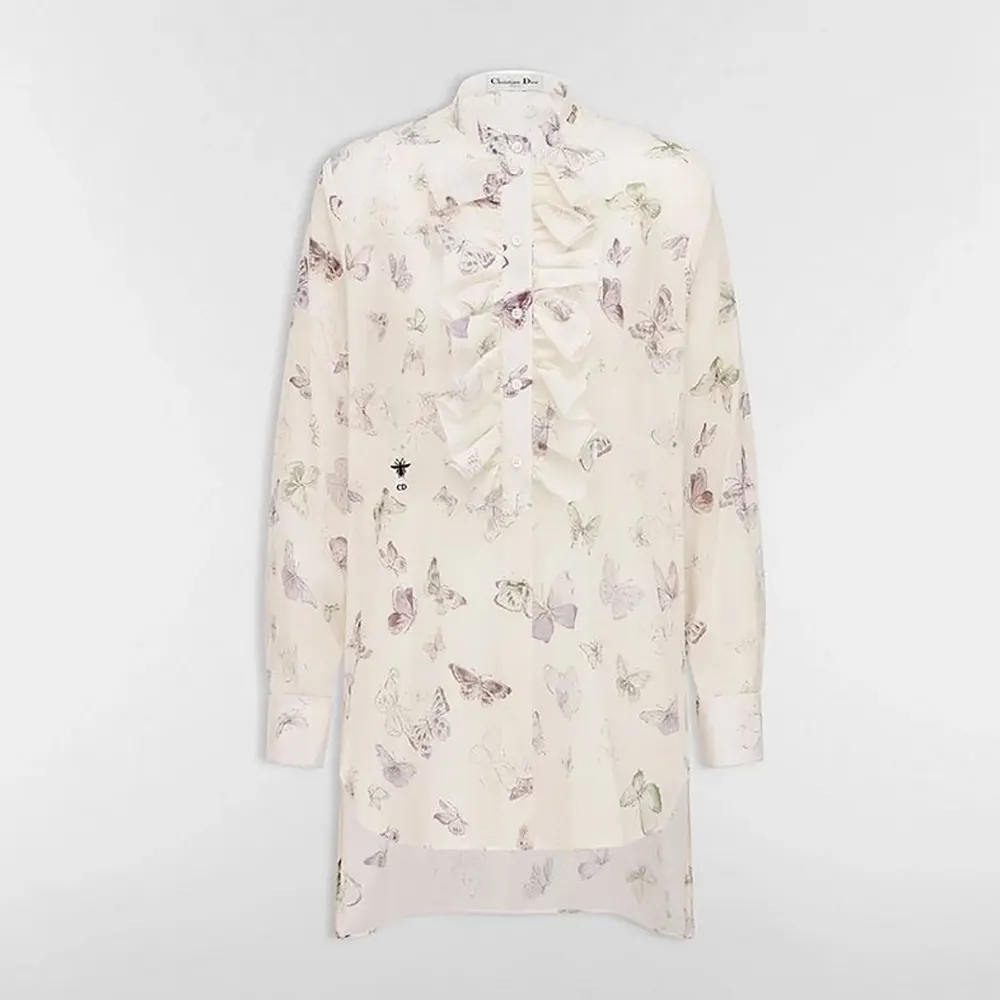Dior Women Blouse with Ruffled Neckline Beige Cotton Muslin with Multicolor Butterfly Motif