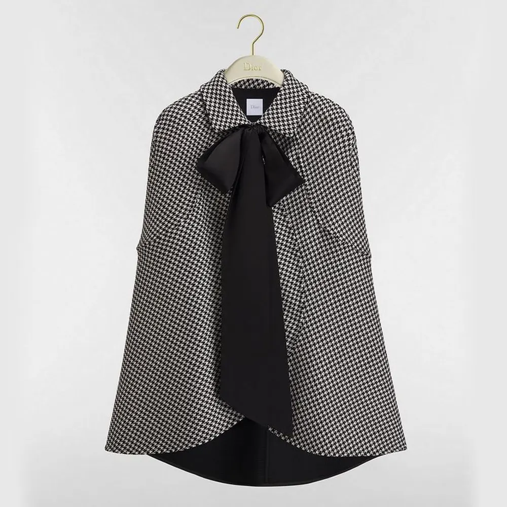 Dior Women Cape with Tied Neckline Black and White Houndstooth Silk-Virgin-Wool Blend