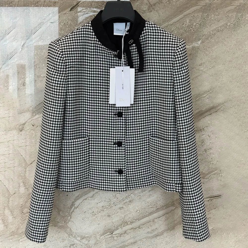 Dior Women Cropped Jacket Black and White Houndstooth Virgin Wool Blend