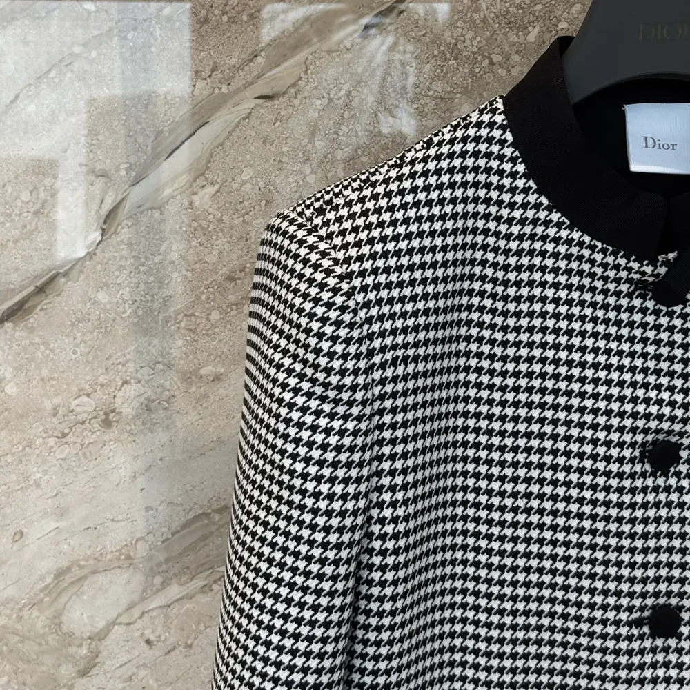 Dior Women Cropped Jacket Black and White Houndstooth Virgin Wool Blend