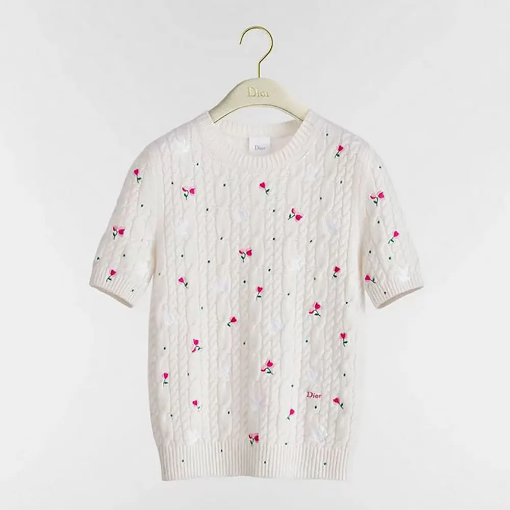 Dior Women Dioramour Embroidered Short-Sleeved Sweater Ecru Cashmere Cable-Knit