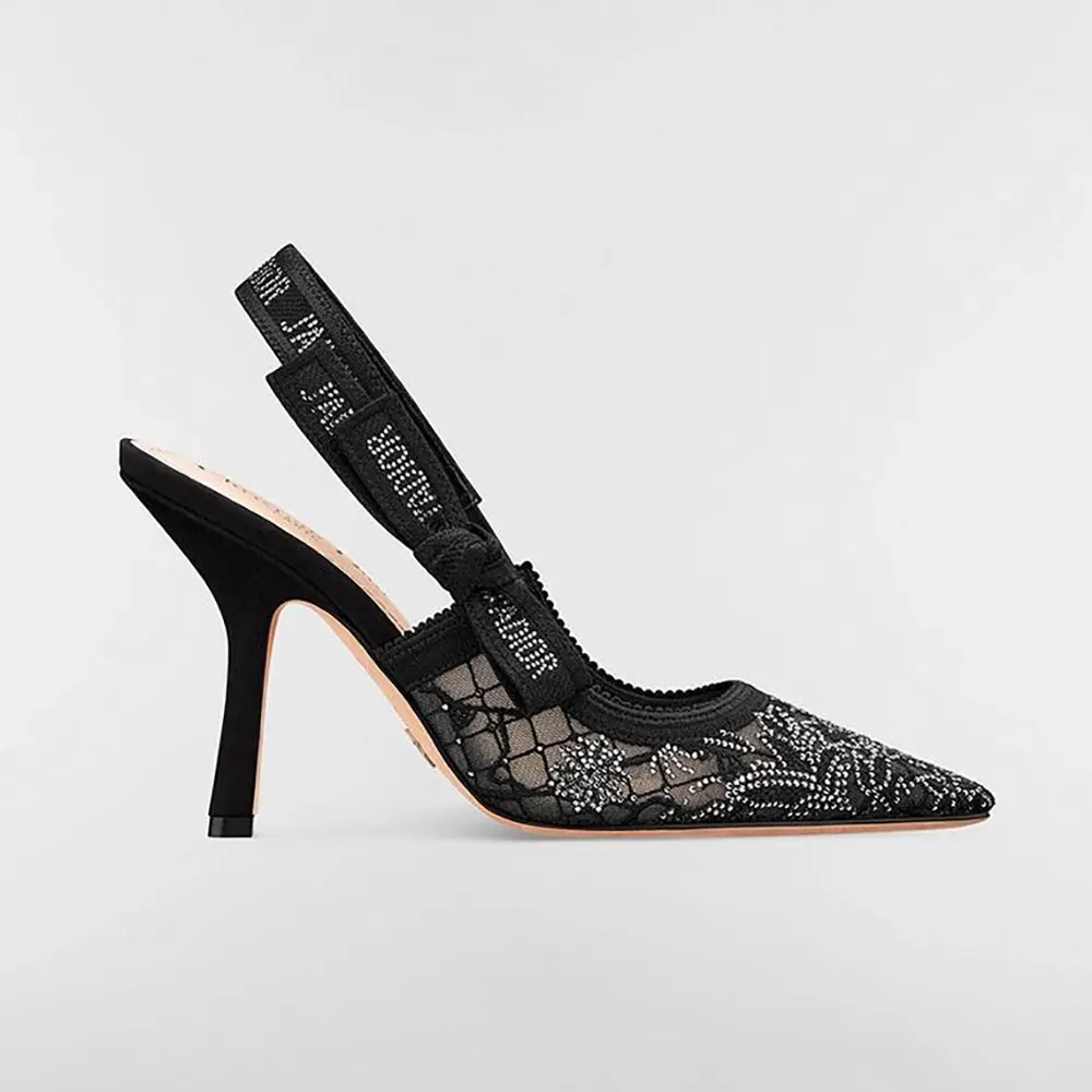 Dior Women J’Adior Slingback Pump Transparent Mesh Embroidered with Black Millefiori Motif