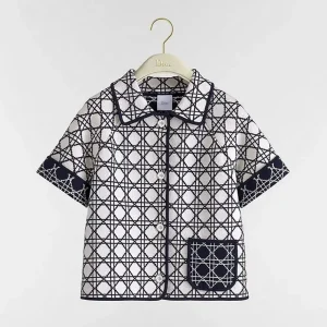 Dior Women Macrocannage Short-Sleeved Jacket Navy Blue and White Tweed