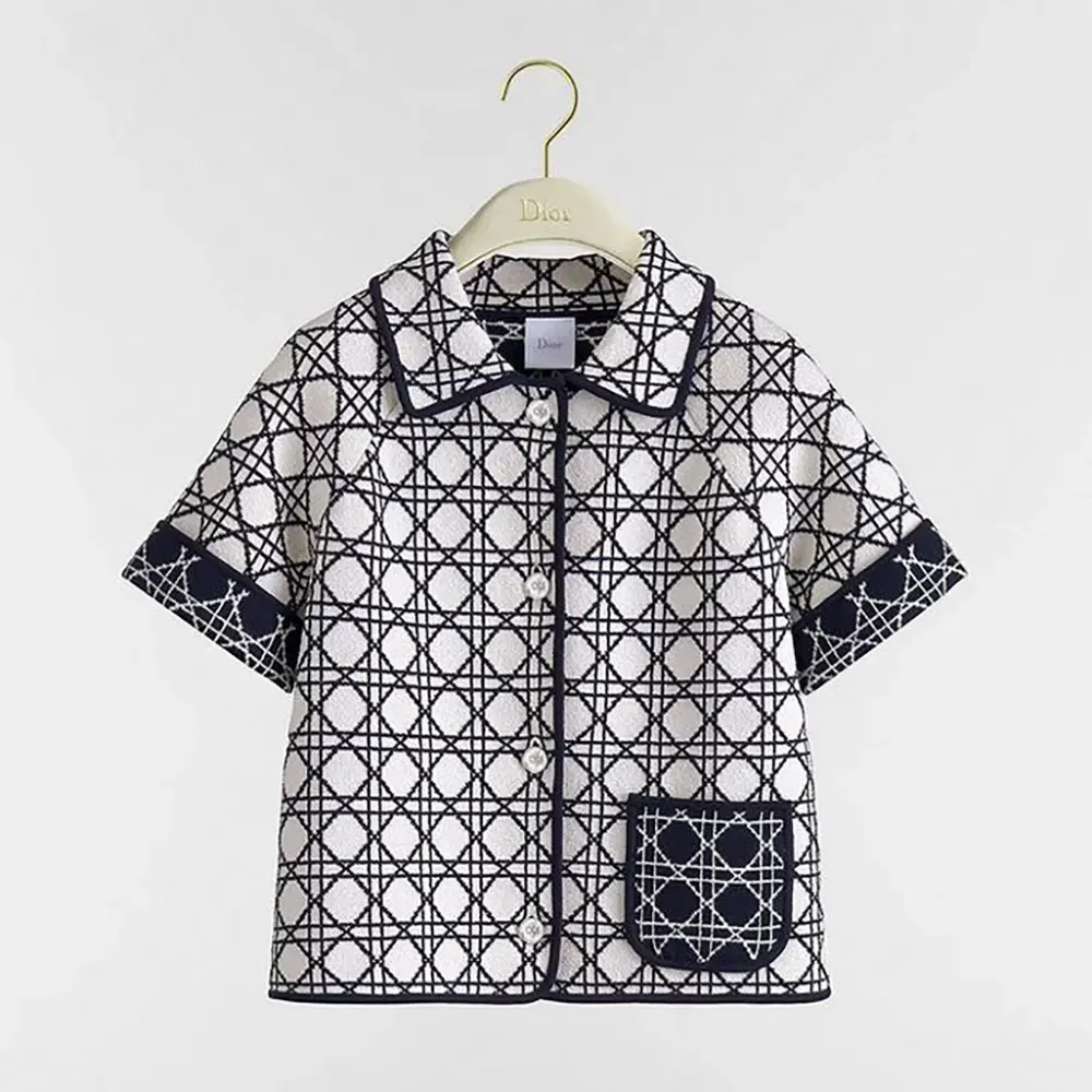 Dior Women Macrocannage Short-Sleeved Jacket Navy Blue and White Tweed