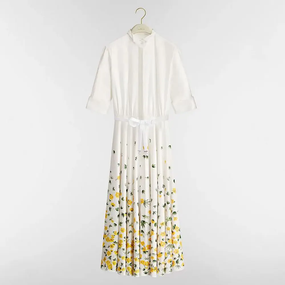 Dior Women Mid-Length Flared Shirtdress White Cotton Poplin with Yellow and Green Dior Buttercup Motif