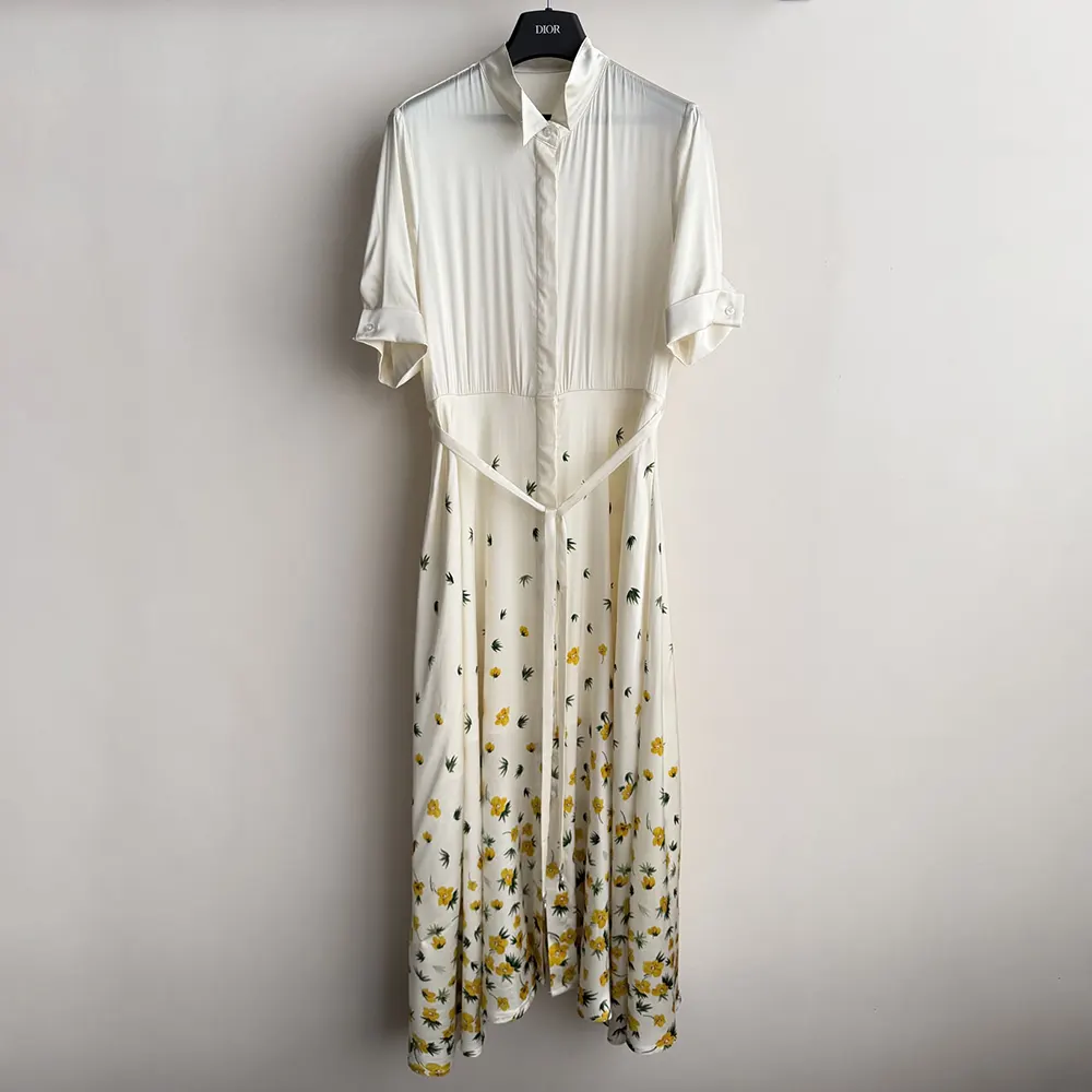 Dior Women Mid-Length Flared Shirtdress White Cotton Poplin with Yellow and Green Dior Buttercup Motif