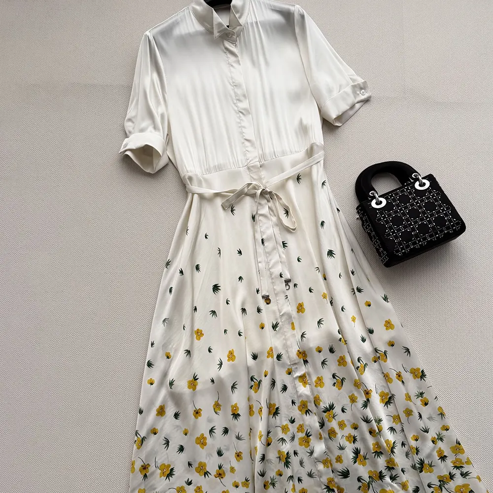 Dior Women Mid-Length Flared Shirtdress White Cotton Poplin with Yellow and Green Dior Buttercup Motif