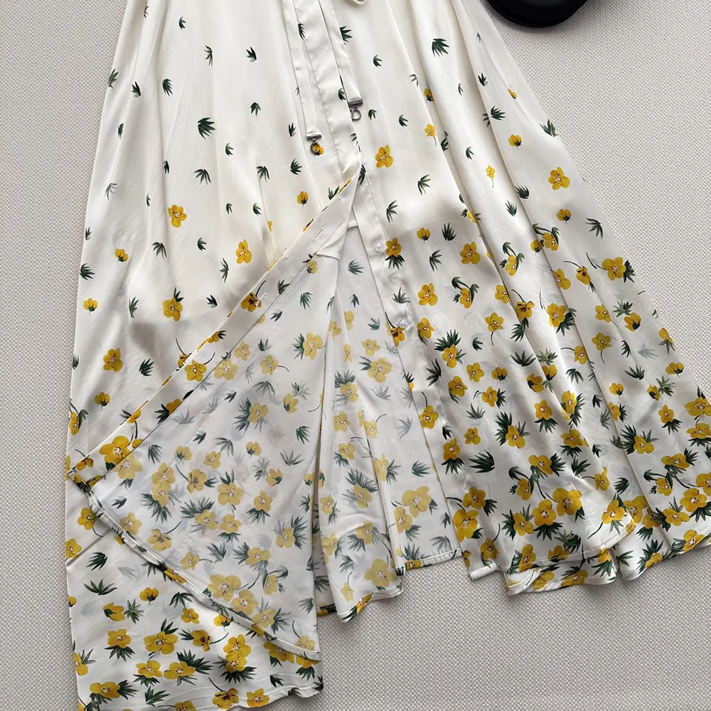 Dior Women Mid-Length Flared Shirtdress White Cotton Poplin with Yellow and Green Dior Buttercup Motif