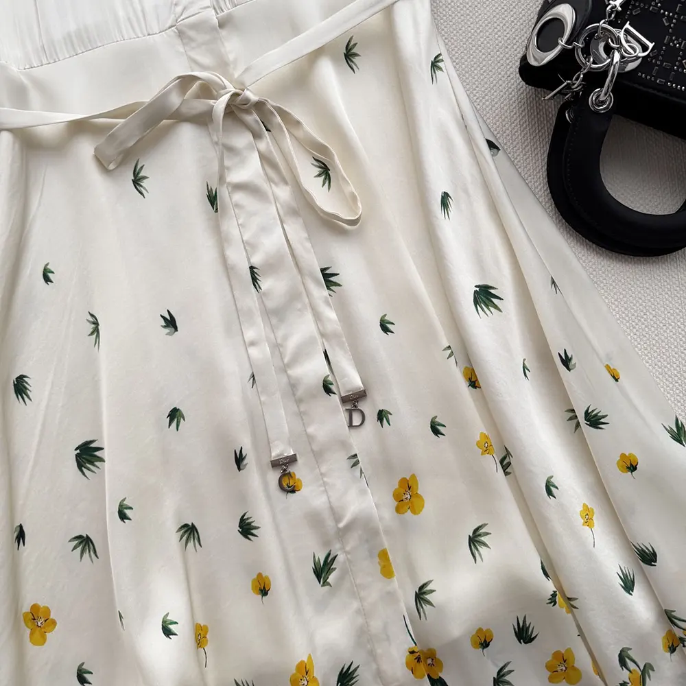 Dior Women Mid-Length Flared Shirtdress White Cotton Poplin with Yellow and Green Dior Buttercup Motif