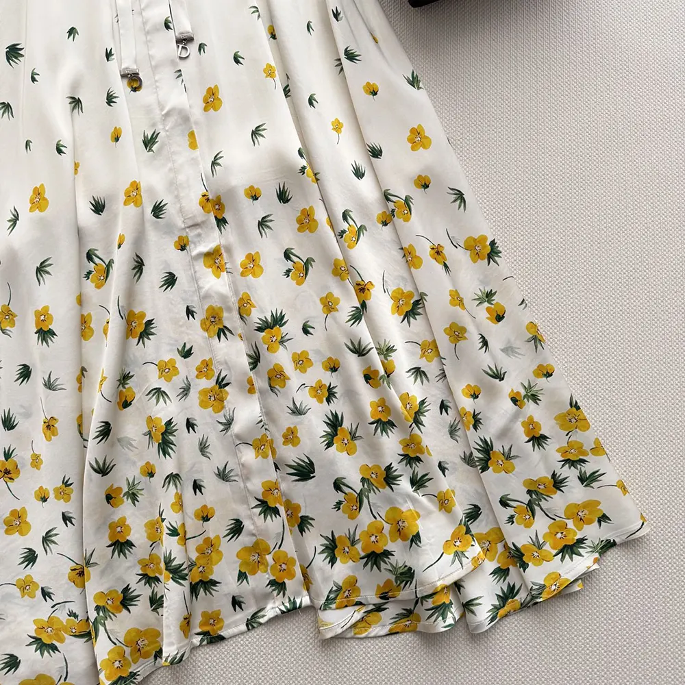 Dior Women Mid-Length Flared Shirtdress White Cotton Poplin with Yellow and Green Dior Buttercup Motif