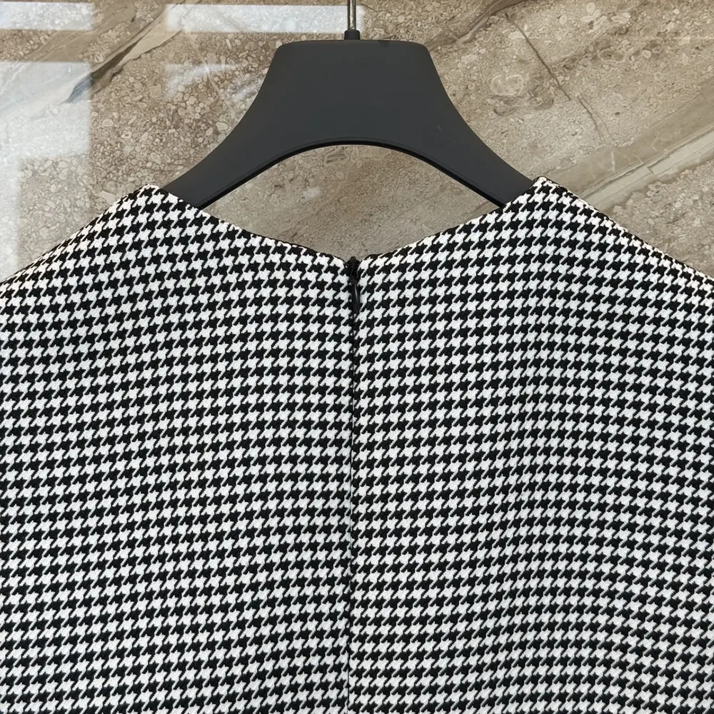 Dior Women Straight-Cut Short Dress Black and White Houndstooth Virgin Wool Blend