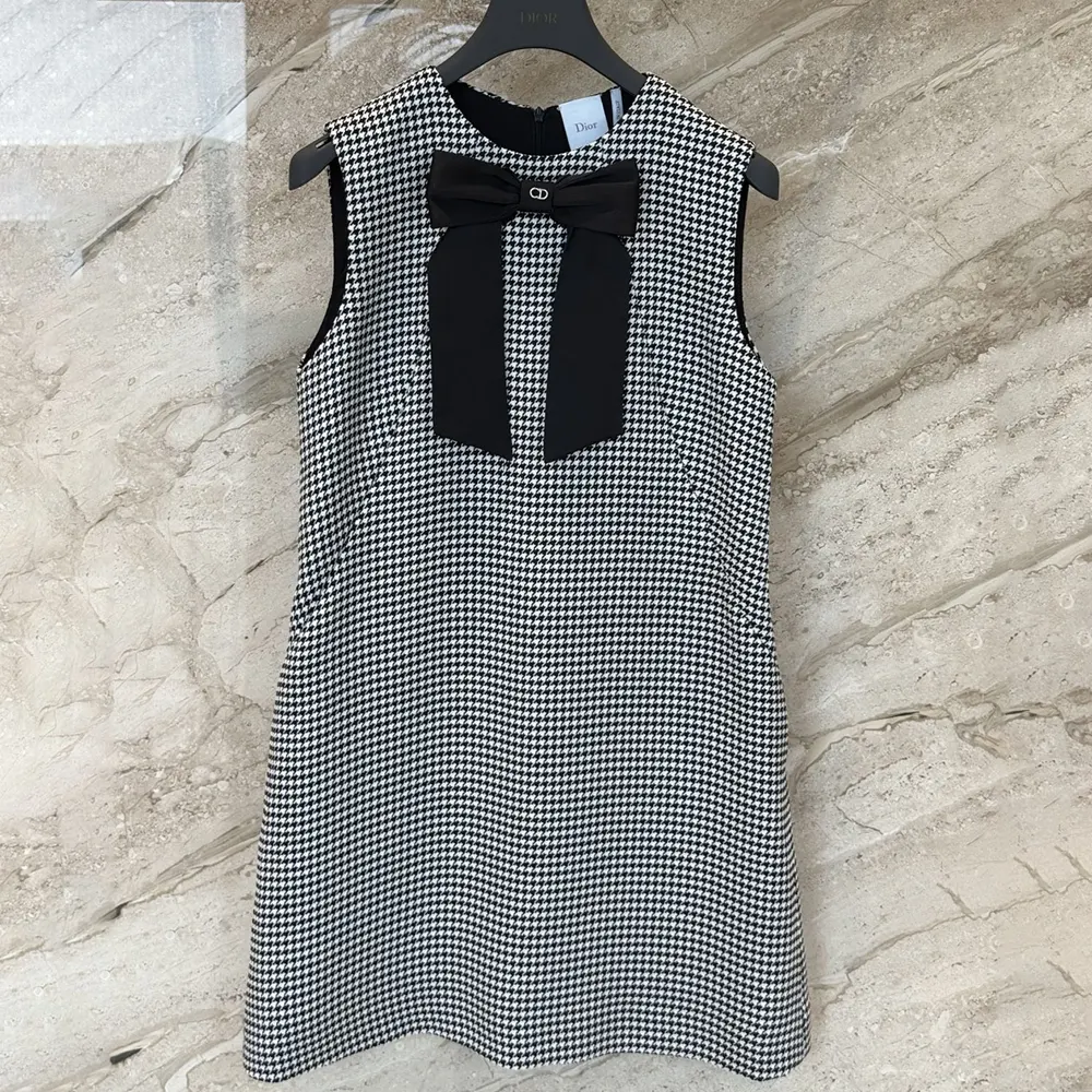 Dior Women Straight-Cut Short Dress Black and White Houndstooth Virgin Wool Blend