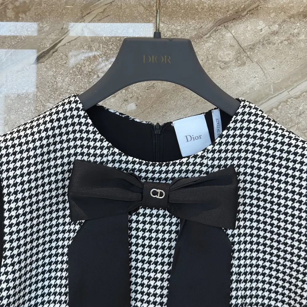 Dior Women Straight-Cut Short Dress Black and White Houndstooth Virgin Wool Blend