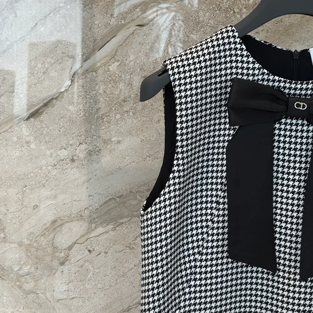 Dior Women Straight-Cut Short Dress Black and White Houndstooth Virgin Wool Blend
