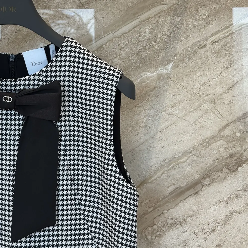 Dior Women Straight-Cut Short Dress Black and White Houndstooth Virgin Wool Blend