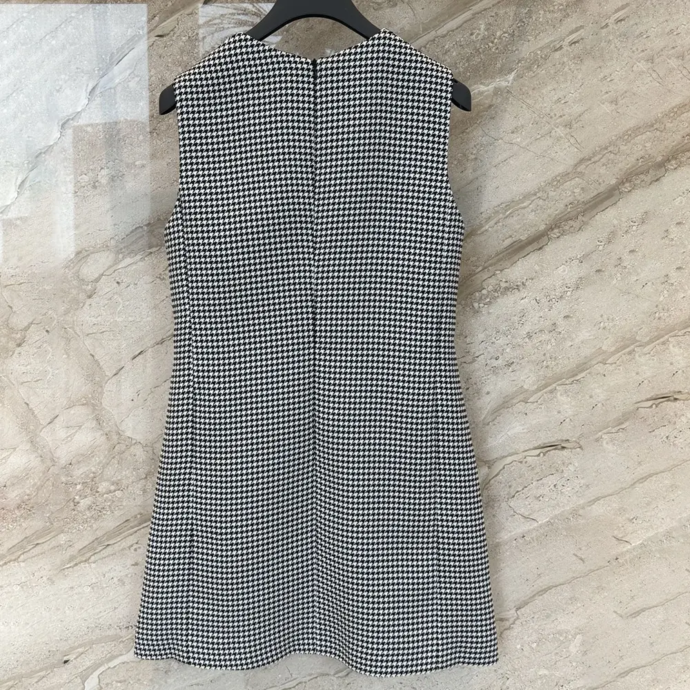 Dior Women Straight-Cut Short Dress Black and White Houndstooth Virgin Wool Blend