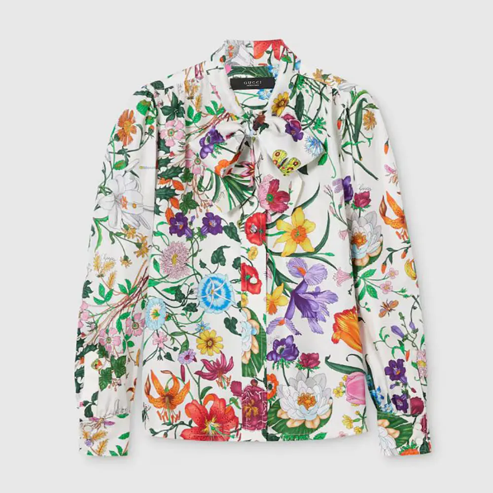 Gucci Women Printed Silk Twill Shirt with Bow 865715ZAUU8