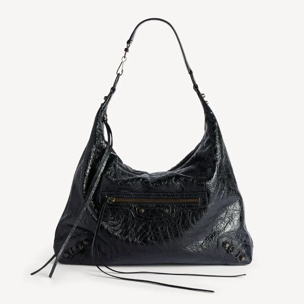 Balenciaga Women Le City Hobo Bag Medium in Black Arena Lambskin Brass Hardware 8525742AB