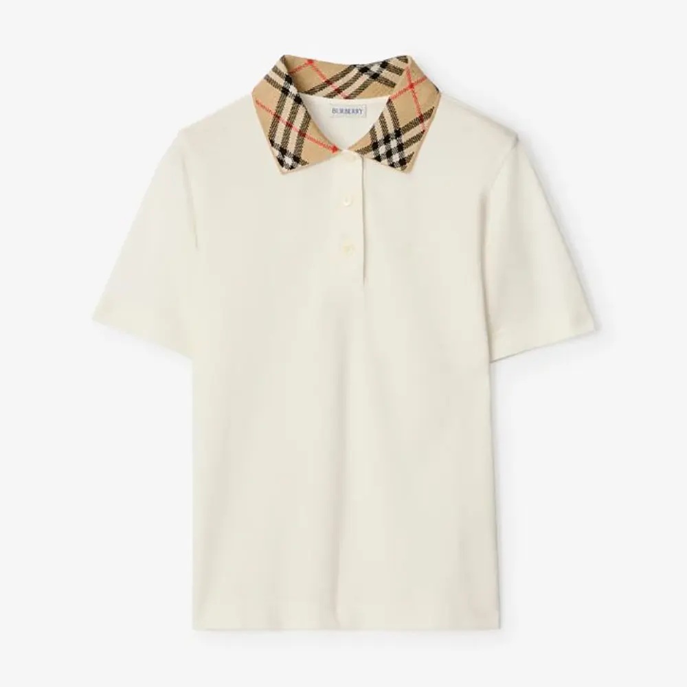 Burberry Women Check Collar Cotton Polo Shirt-White 81189581