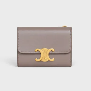 Celine Women Compact Wallet with Coin Triomphe in Shiny Calfskin-Grey