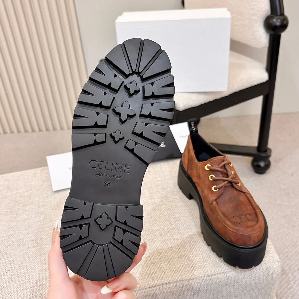 Celine Women Triomphe Derbies in Waxed Suede Calfskin-Brown 364043892C