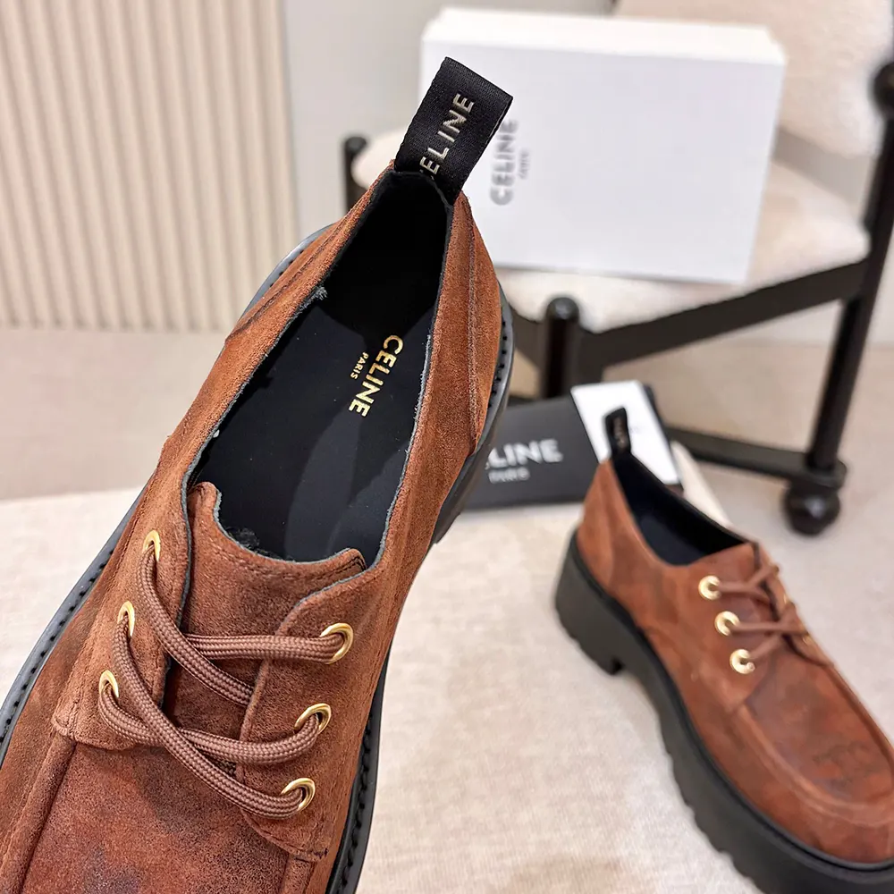 Celine Women Triomphe Derbies in Waxed Suede Calfskin-Brown 364043892C