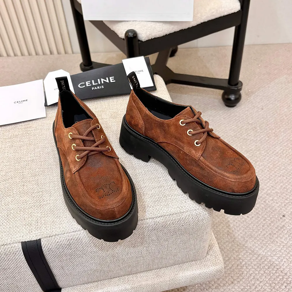 Celine Women Triomphe Derbies in Waxed Suede Calfskin-Brown 364043892C