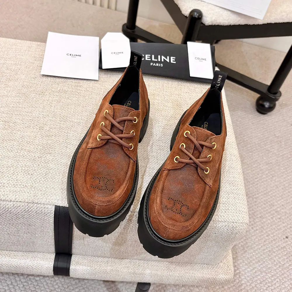 Celine Women Triomphe Derbies in Waxed Suede Calfskin-Brown 364043892C