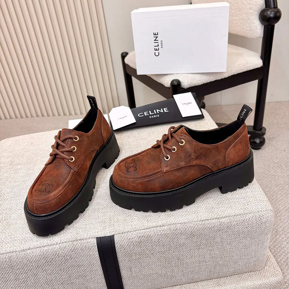 Celine Women Triomphe Derbies in Waxed Suede Calfskin-Brown 364043892C