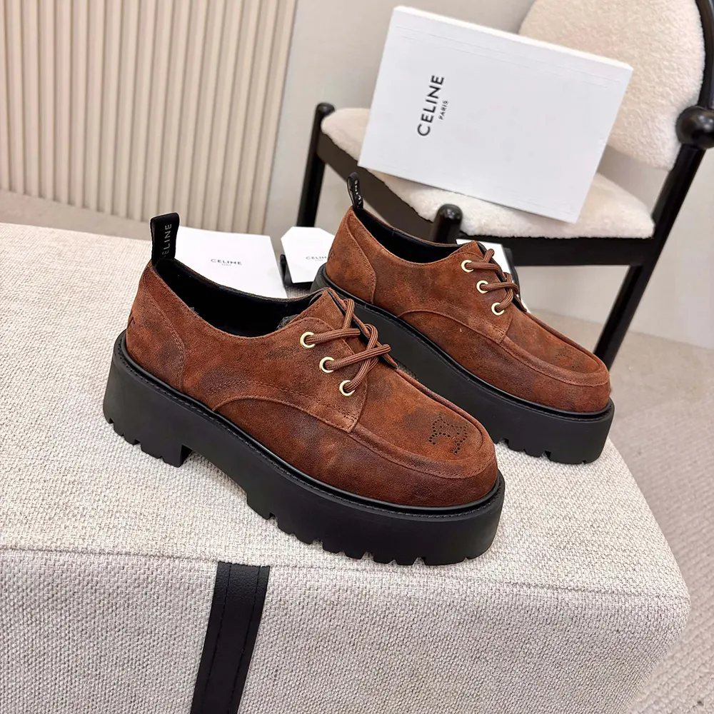 Celine Women Triomphe Derbies in Waxed Suede Calfskin-Brown 364043892C