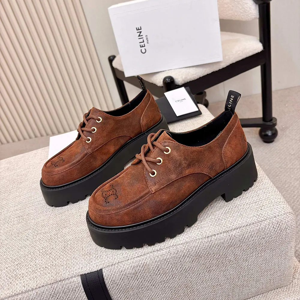 Celine Women Triomphe Derbies in Waxed Suede Calfskin-Brown 364043892C